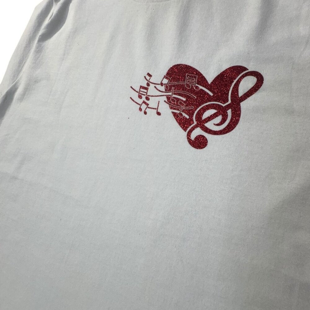 White T-Shirt with Red Glitter Treble Clef and Music Notes Graphic, Casual Music